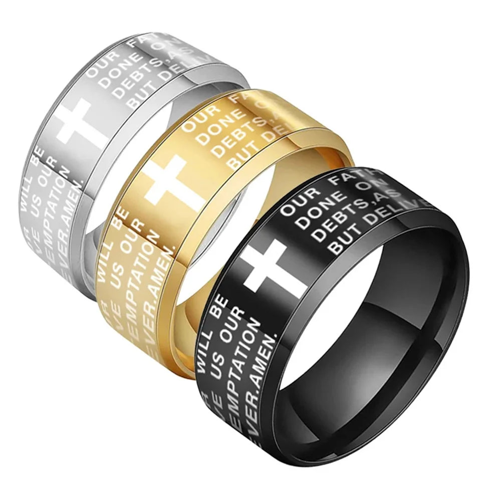 English Titanium Steel Christian Cross Bible Ring