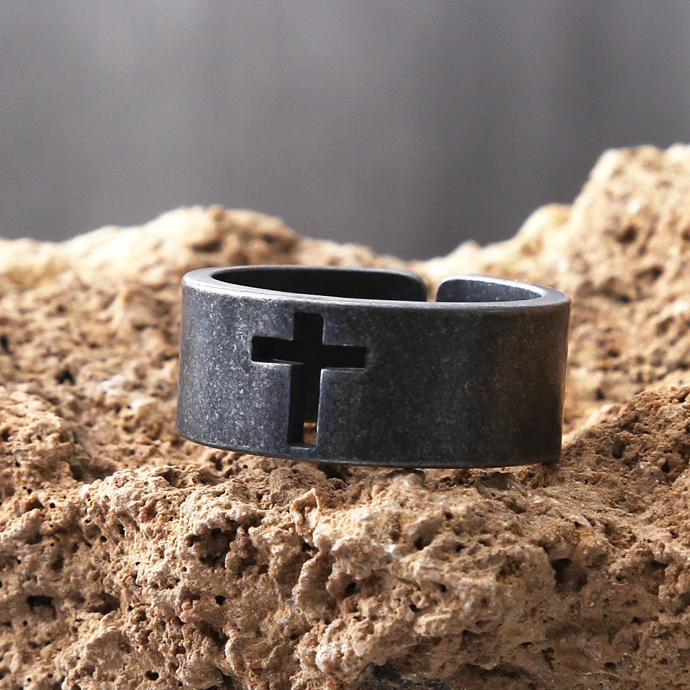 Simple Black Stainless Steel Cross Rings For Men Punk Christian Men Ring Fashion Jewelry Best Gift For Friends