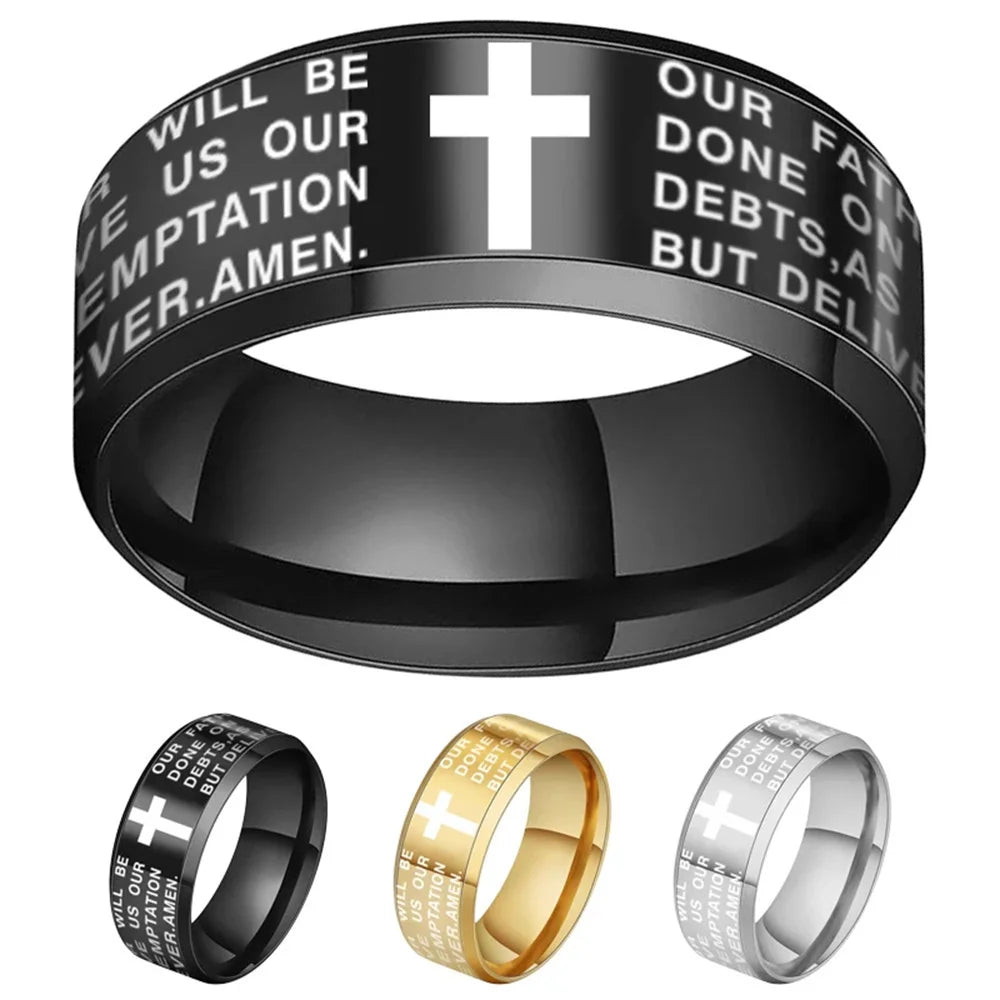 English Titanium Steel Christian Cross Bible Ring